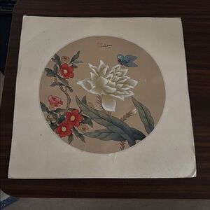 Antique vintage Japanese silk print Floral white lotus made in japan